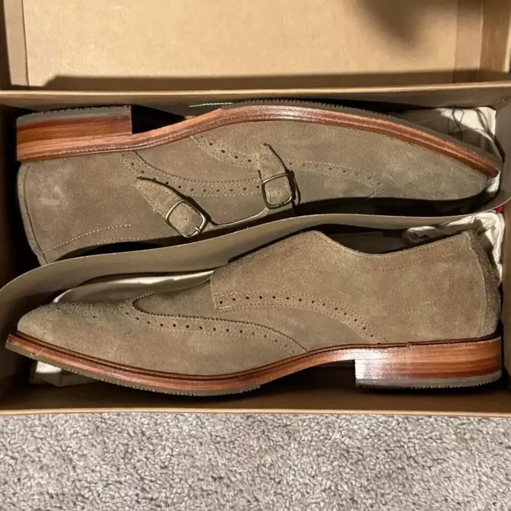 Trask Suede Double Monk Strap Wingtip Shoes